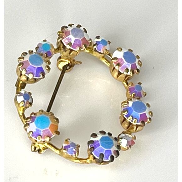 Vintage Austria Signed BROOCH 1.5" Aurora Borealis Quartz Stone Wreath Pin RARE - Picture 2 of 5